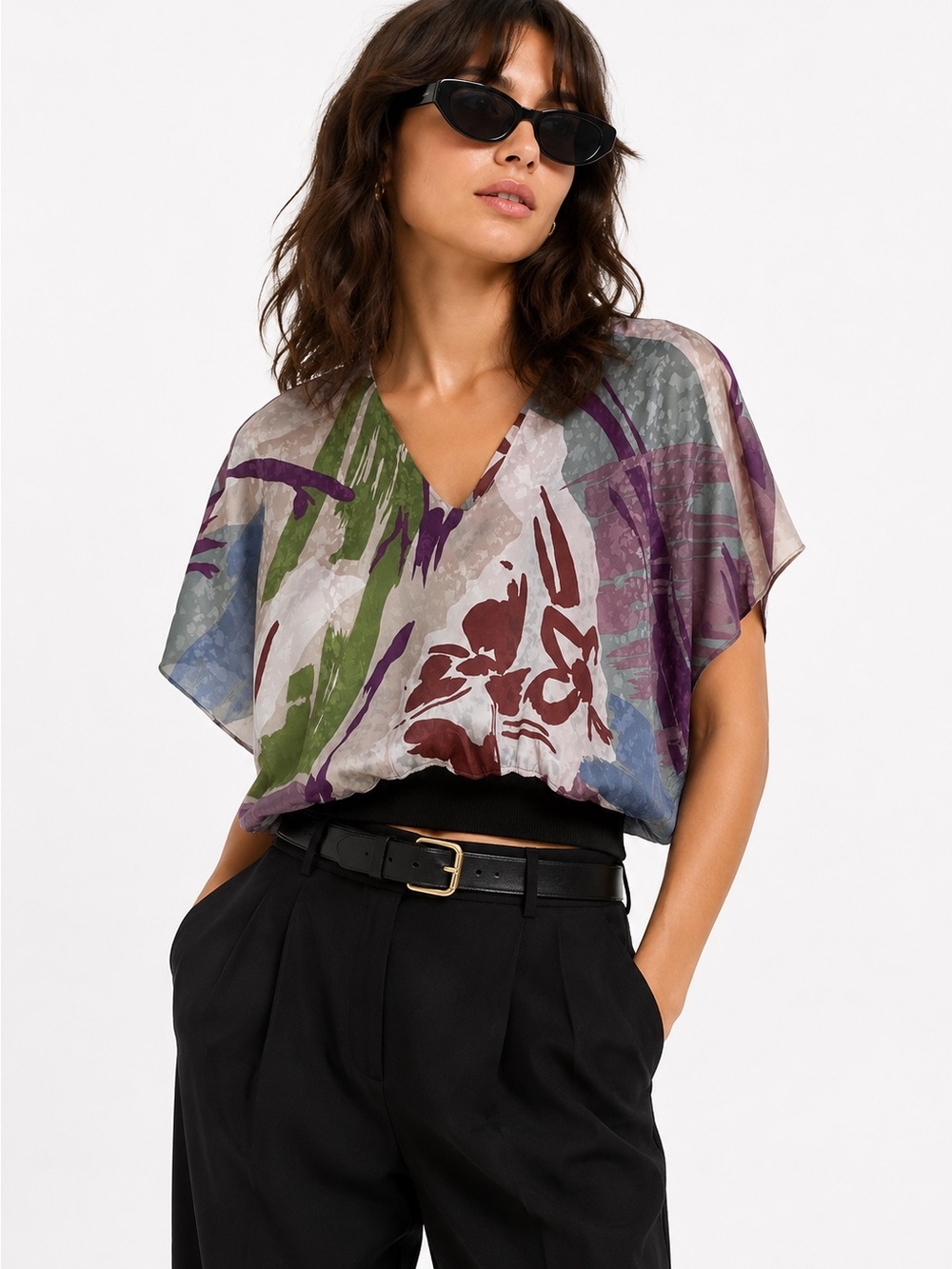 Vintage Brenner Abstract Dolman Sleeve Crop Top Blouse Batwing Art Print Small
